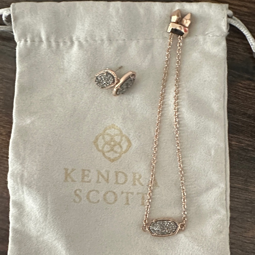 Kendra Scott Rose Gold and Drusy Elaina Bracelet and Ellie Earrings Jewelry Set